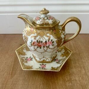 Antique 19th C. Nippon Hand Painted Rose Gold Beading Teapot Pitcher, Underplate